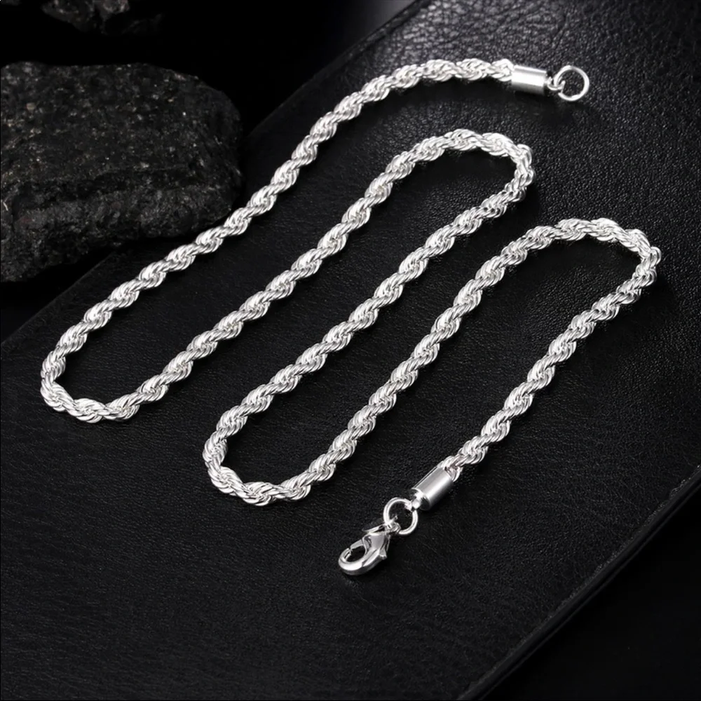 New Unisex 925 silver 4MM chain twisted rope necklace bracelets fashion Set - Picture 4 of 5